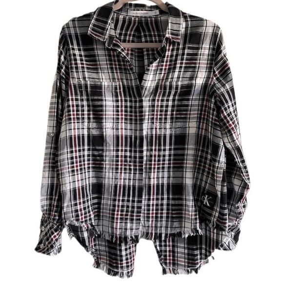 Calvin Klein Jeans High-Low Fringed Plaid Shirt - Picture 1 of 4